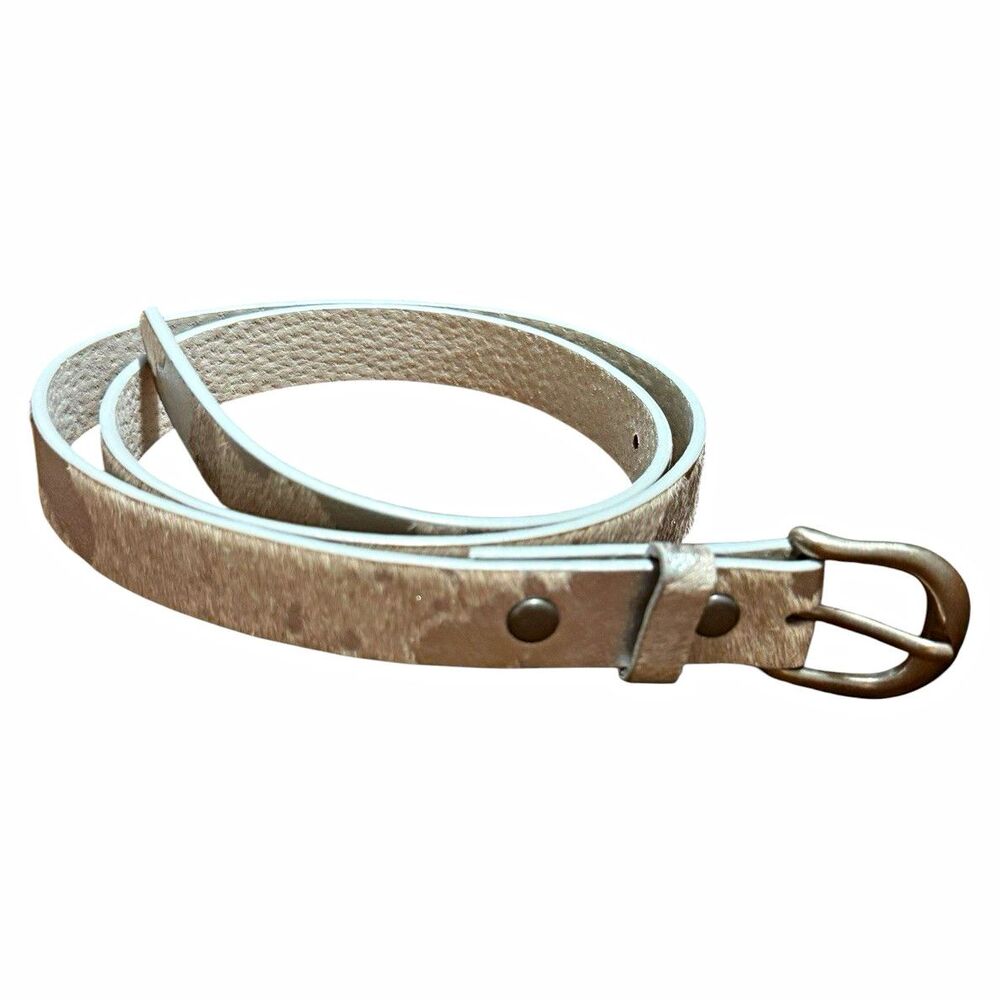 Metallic Silver Leather Calf Hair Belt Size M Pewter Tone Buckle